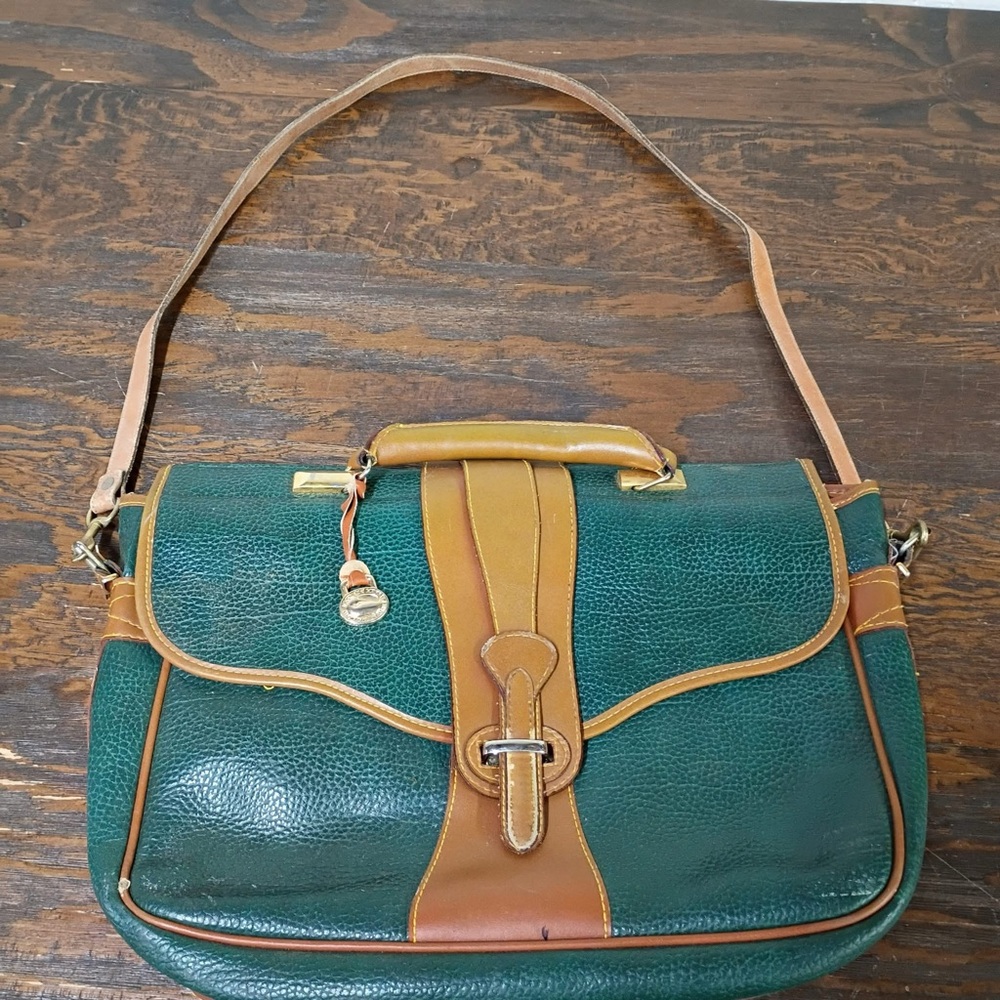 Vintage Dooney & Bourke AWL Green & Tan Equestrian Satchel Briefcase